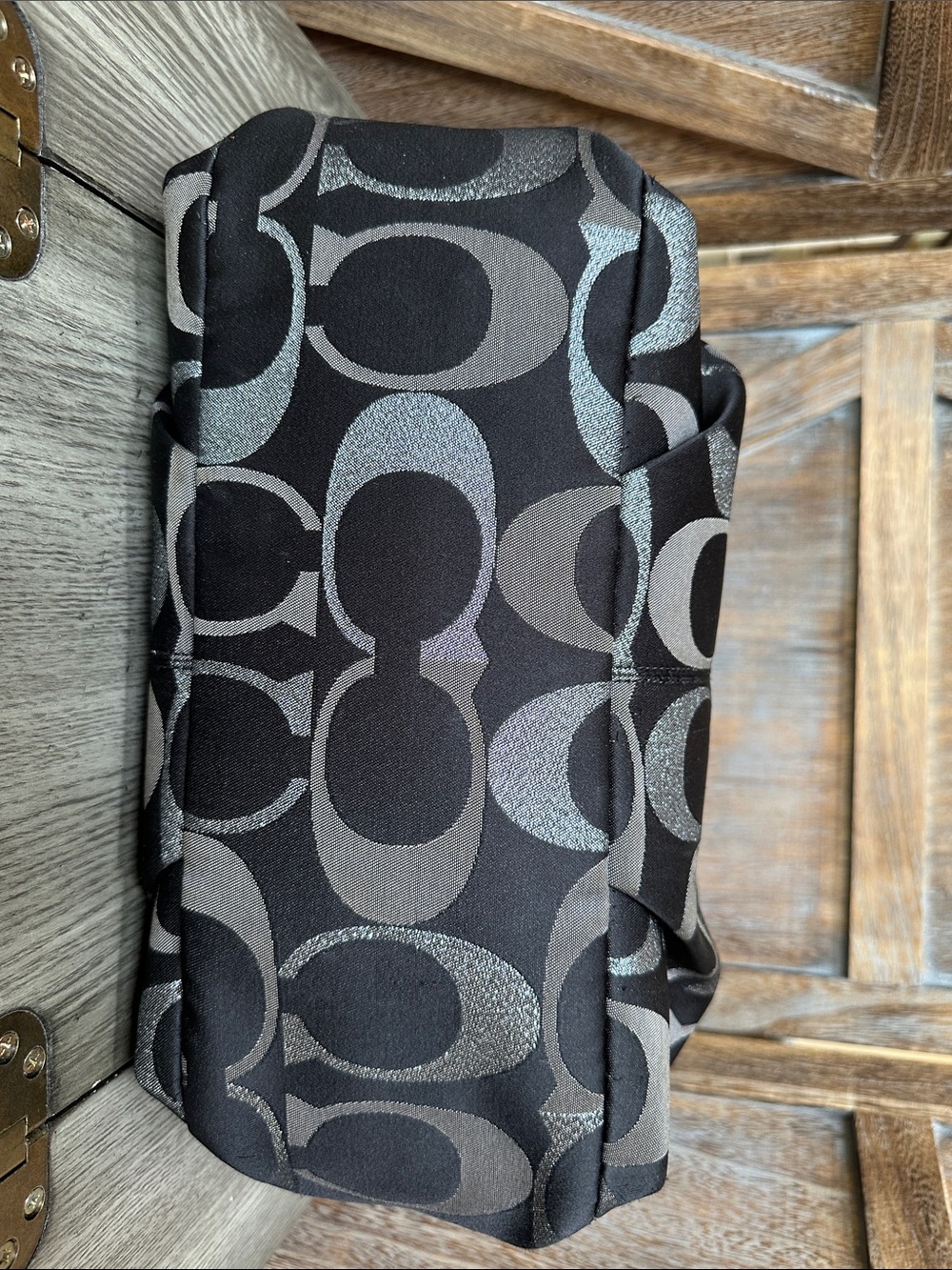 Coach Brooke Signature C Black & Metallic Silver Canvas Shoulder Satchel Tote - Picture 5 of 16